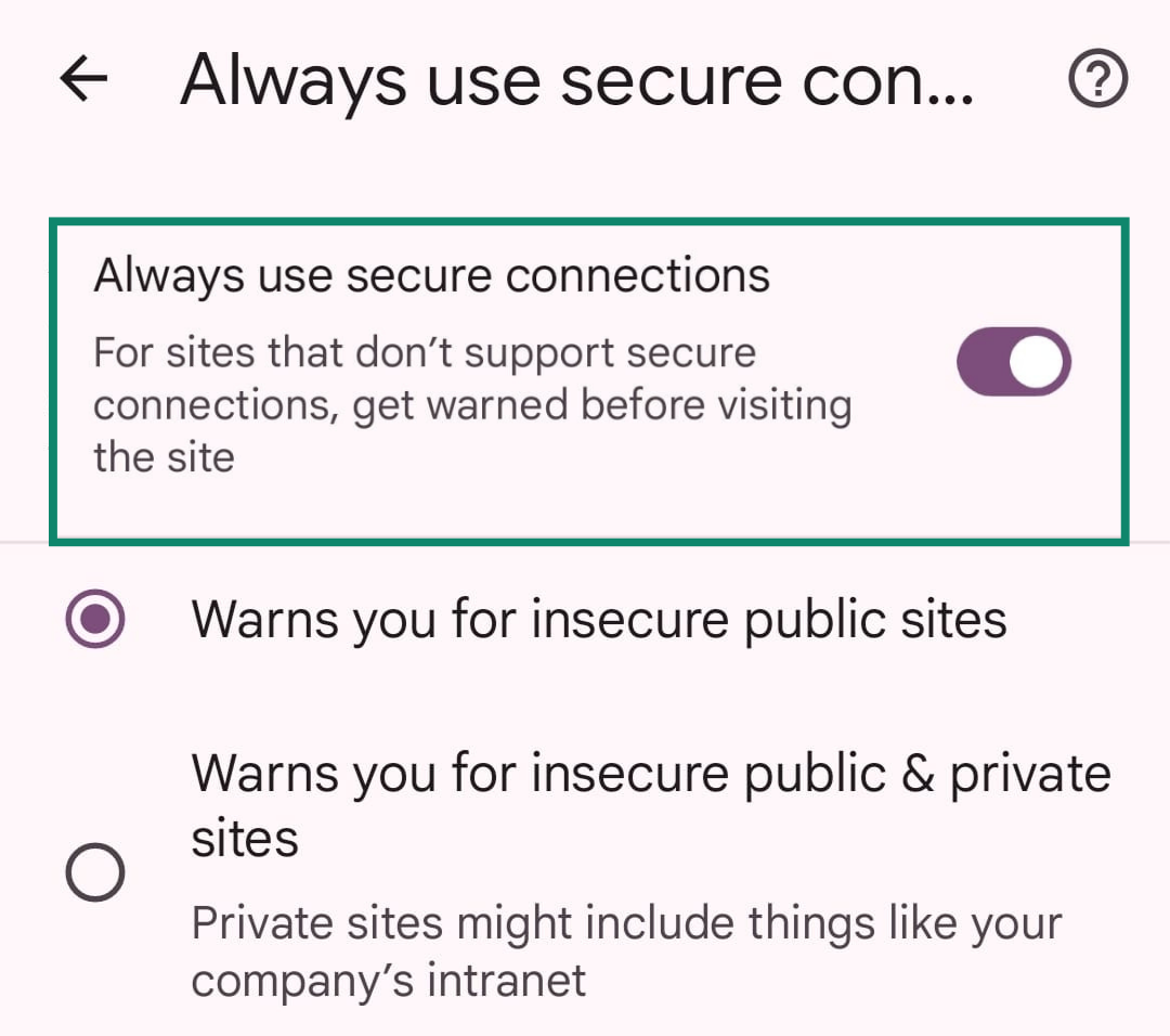 Always use secure connections enabled for warning about insecure sites