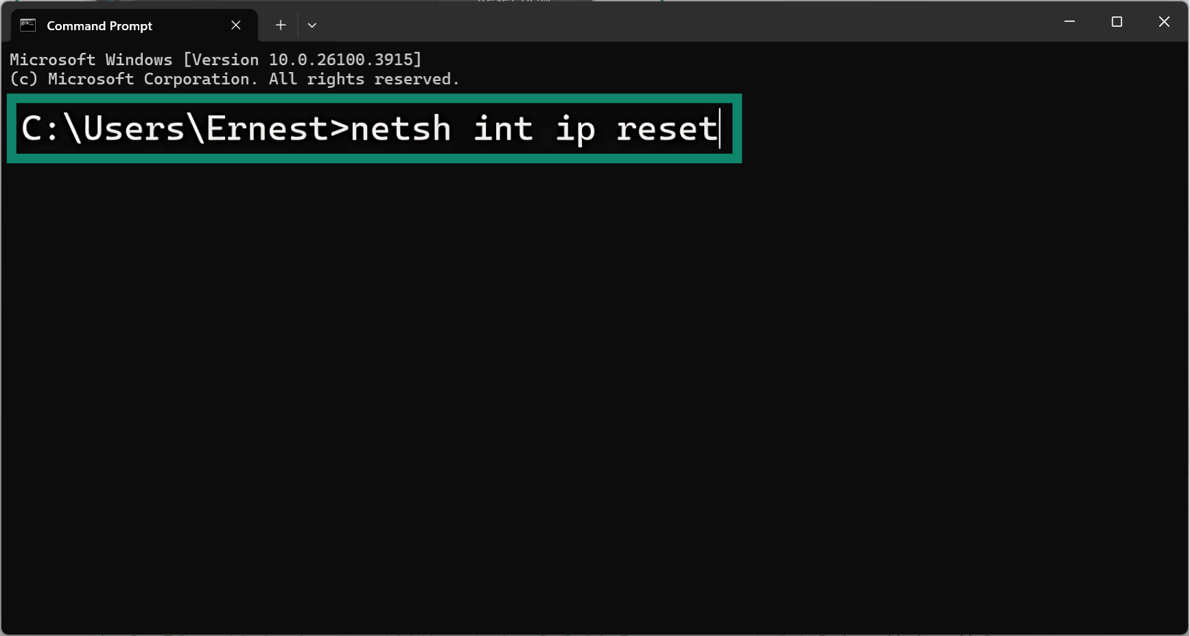 In the Command Prompt, type netsh winsock reset to reset the assigned IP address.