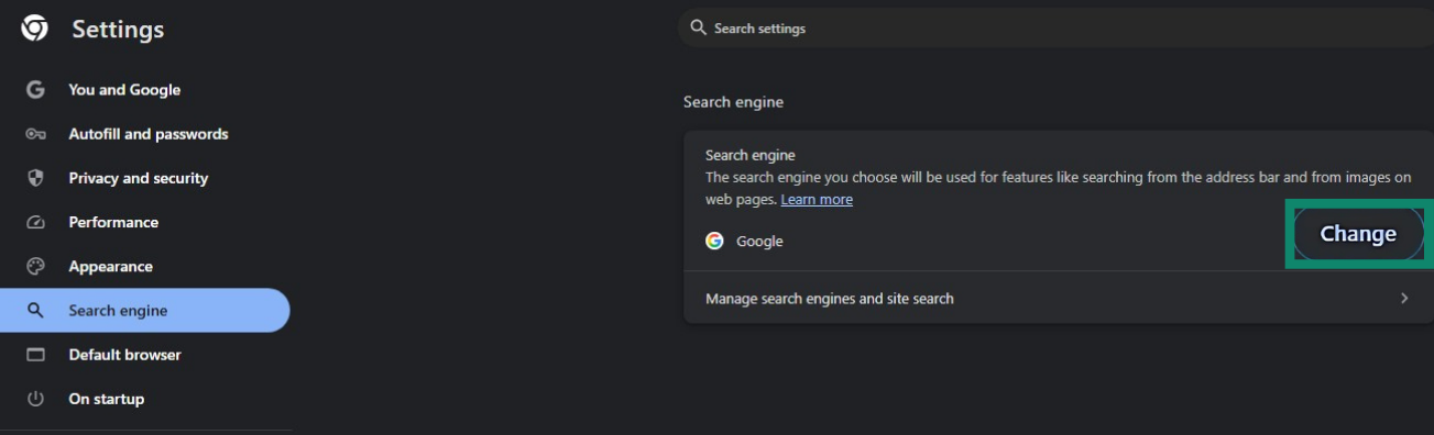 Chrome browser settings showing the Search engine tab, with the default search engine change option highlighted.