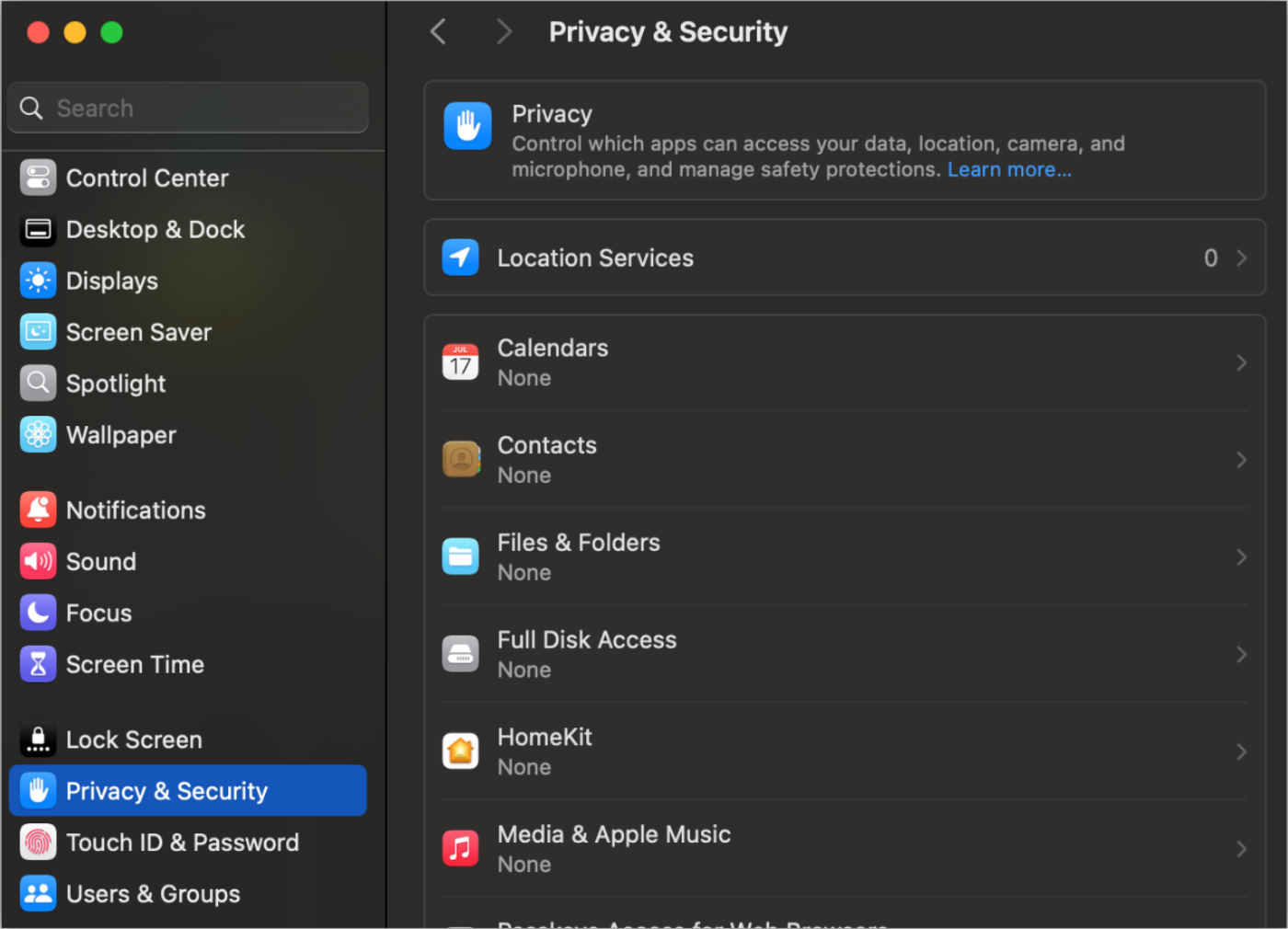 Image showing Mac Privacy & Security setting.
