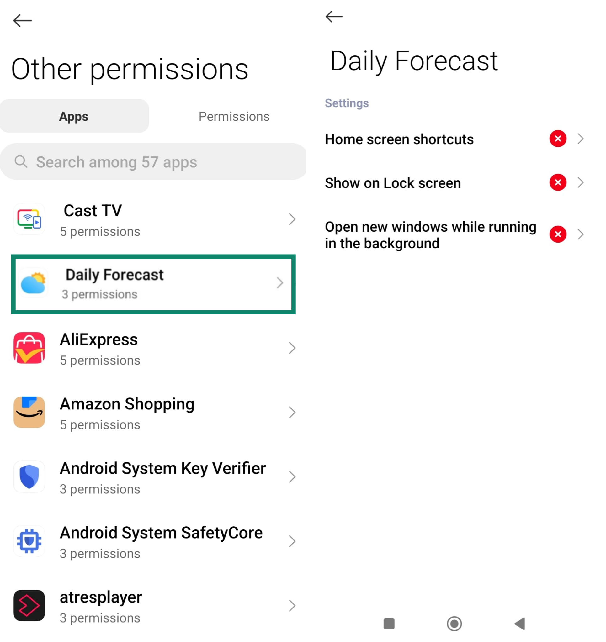 Denying Android app permissions to stop pop-ups.