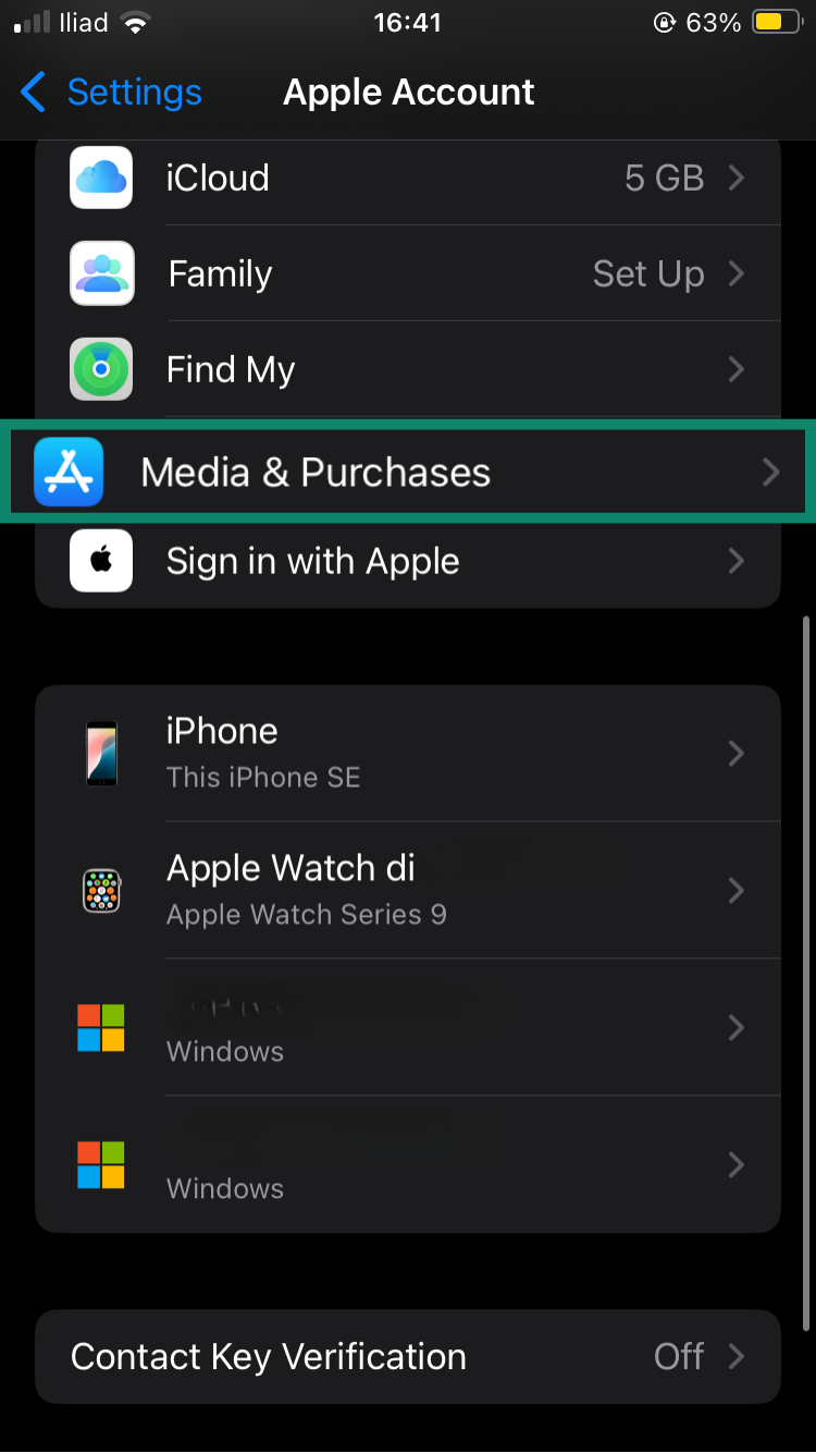 Apple Account menu, showing how to access the Media and Purchases option.
