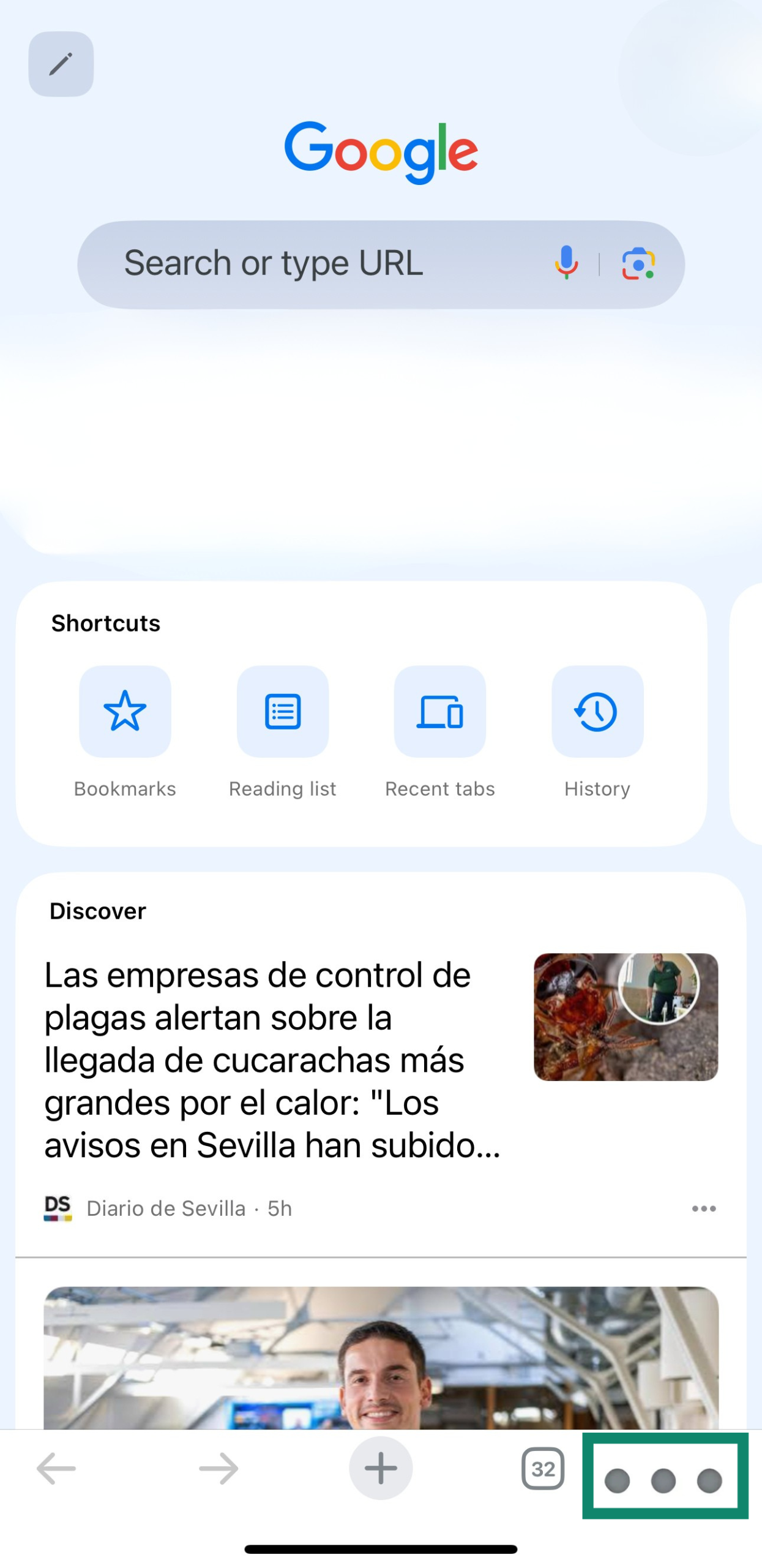 The homepage for an iPhone's Google Chrome app.