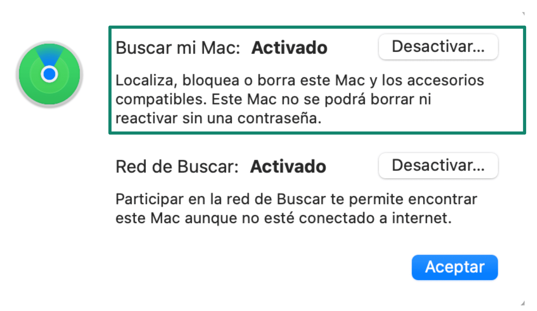 Toggle Find My Mac Es