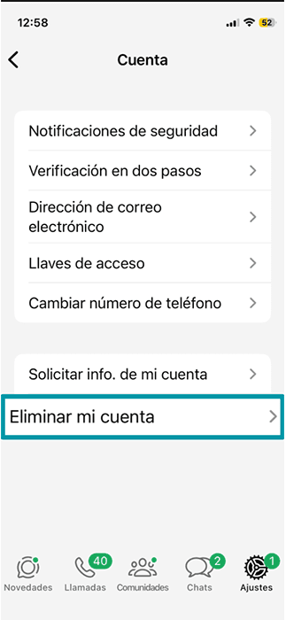 The iPhone WhatsApp app, showing the Delete my account button.