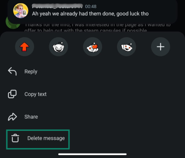 Deleting your Reddit chat message on mobile.
