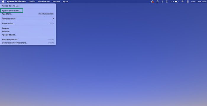 A Mac desktop showing the Apple menu dropdown, with System Settings highlighted.