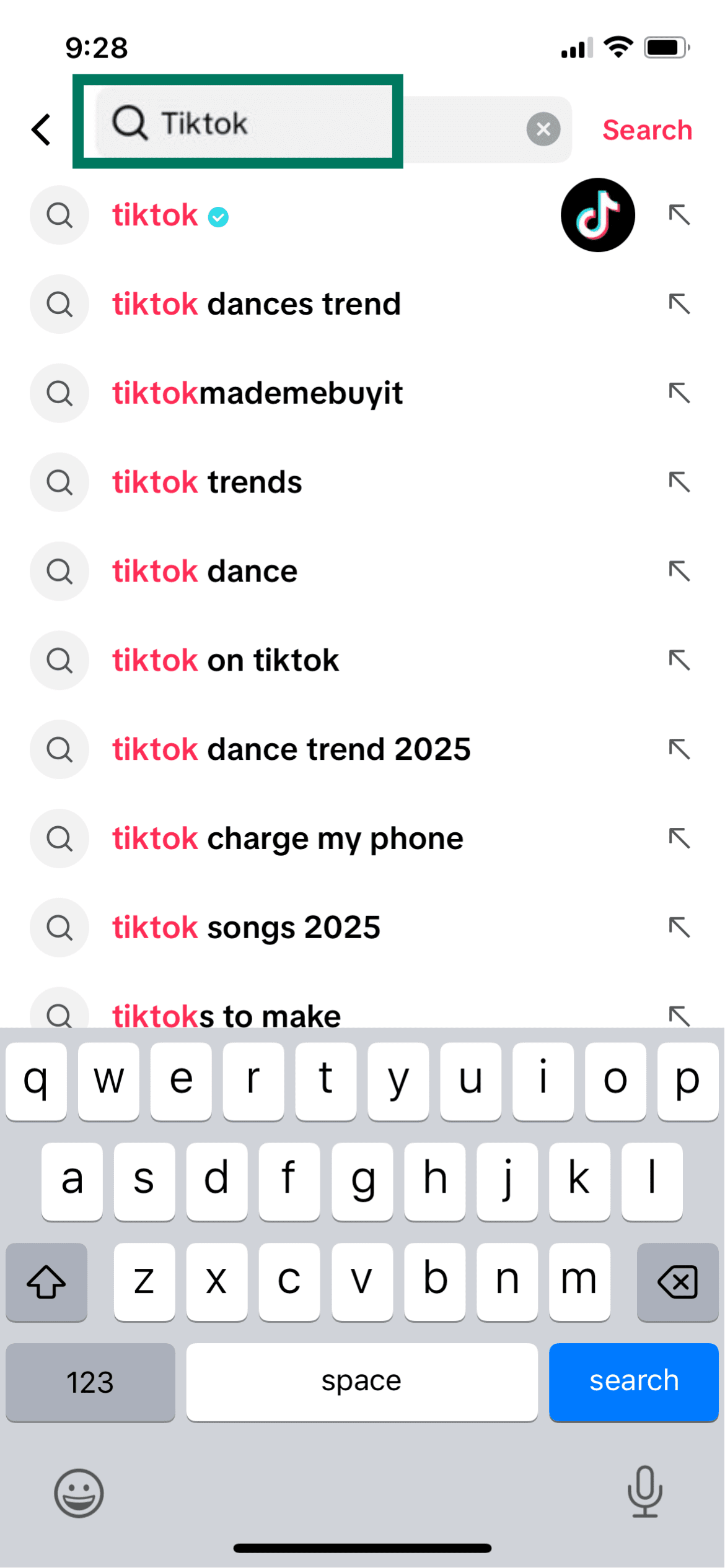 TikTok mobile search screen on iPhone with 