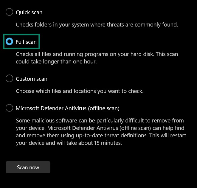 Windows screen showing the Full scan option selected.