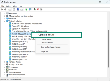 Windows 11 Device Manager menu showing how to update drivers.