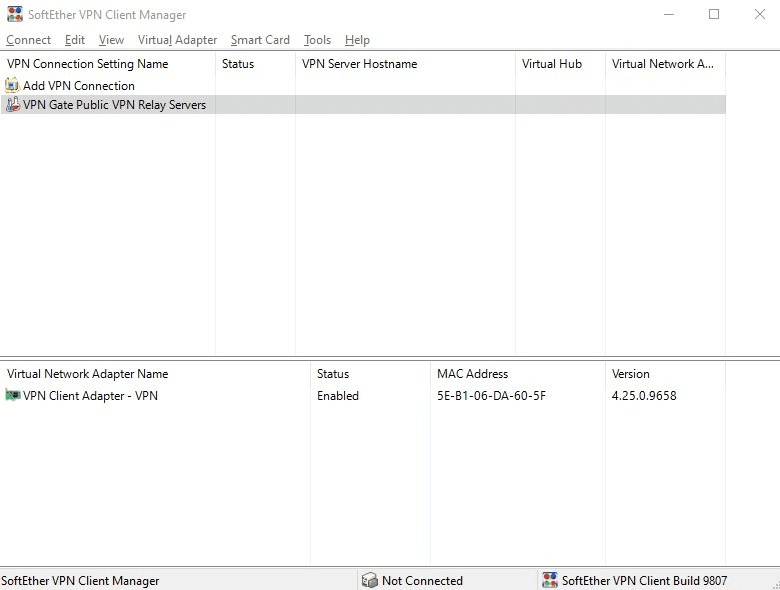 SoftEther VPN Client Manager main screen with VPN Gate Public VPN Relay Servers selected.