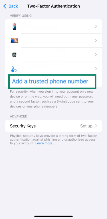 Two-Factor Authentication settings on iPhone highlighting Add a trusted phone number option.