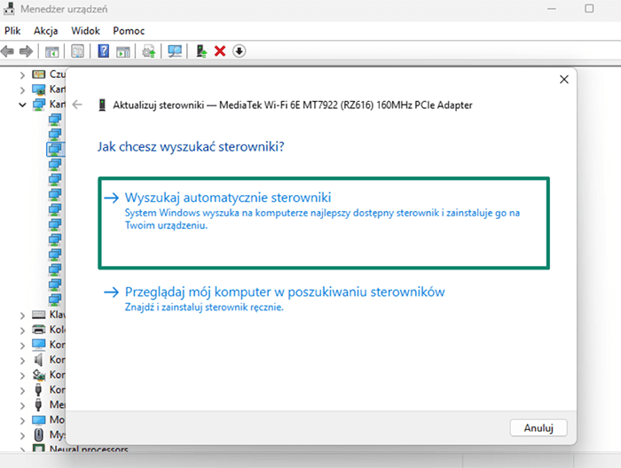 The driver update window, showing the options to manually select or automatically locate the latest update.