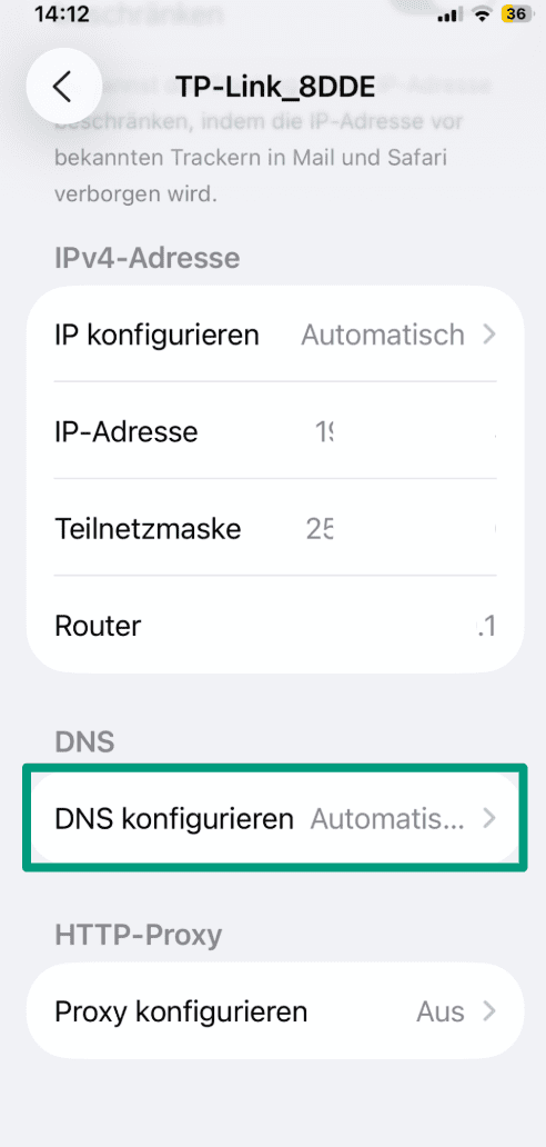 iOS Wi-Fi menu with the Configure DNS option highlighted