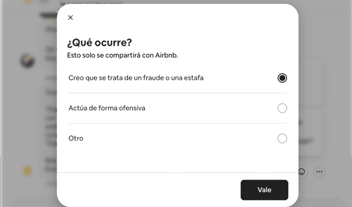 Airbnb Messages screen showing how to report a message.