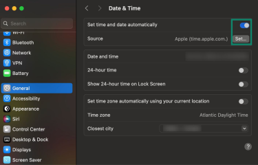 Screen showing setting the date and time automatically