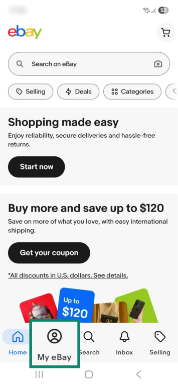 The home screen on the eBay mobile app. The "My eBay" button is enlarged and highlighted.