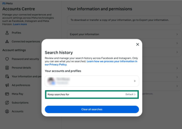 The "Search history" window in the Facebook Accounts Center page. The "Keep searches for" option is highlighted.