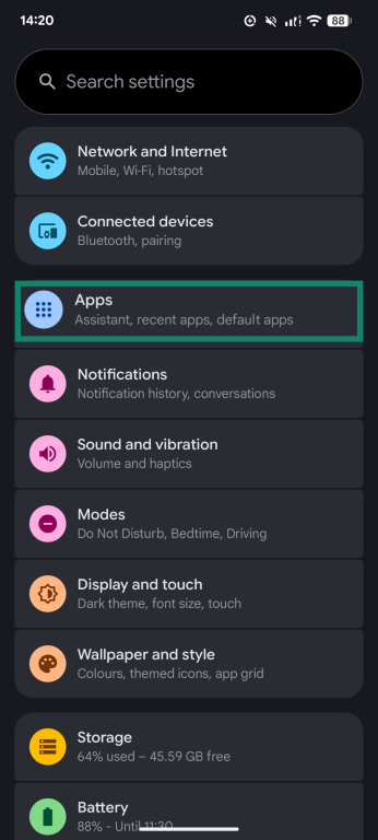 A screenshot of the Android Settings app.