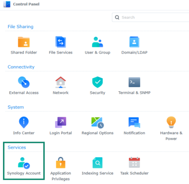 Screenshot displaying a Windows control panel highlighting where to find a Synology account