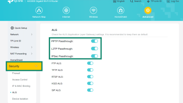 The VPN passthrough settings on a TP-Link router page.