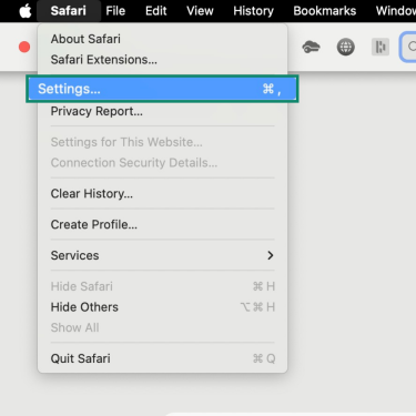 Apple Safari menu with Settings option highlighted.