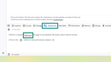 Firefox’s network tab showing instructions to reload and analyze network activity.