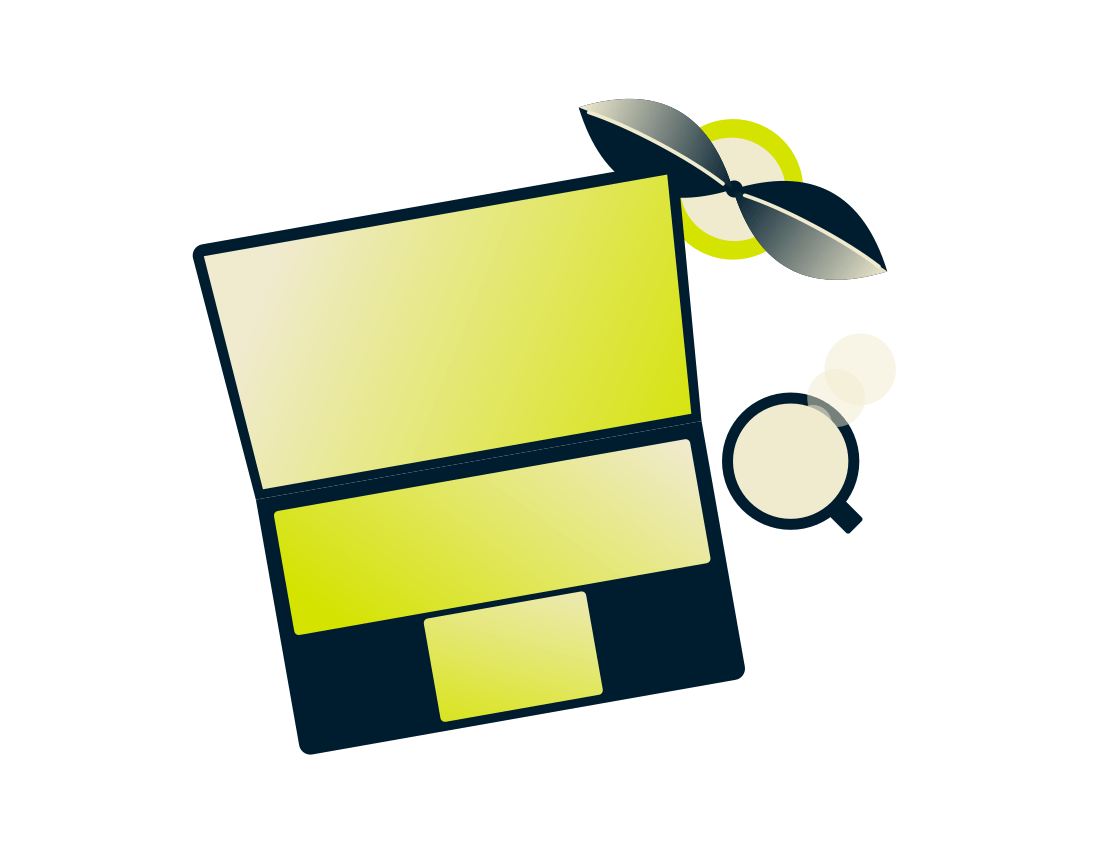 Kannettava tietokone, kasvi ja juoma.