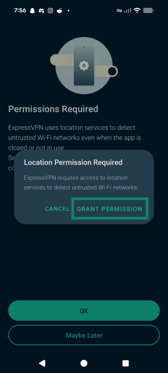 Android app showing "Location Permissions Required", with "Grant Permission" highlighted.