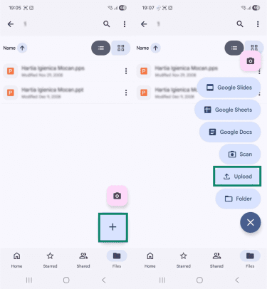 Two Android screenshots side by side. The first one shows a Google Drive folder, and the upload button is highlighted. The second image shows the file options, and the "Upload" button is highlighted.