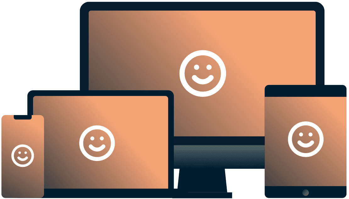 Forskellige enheder med smiley-ansigter på dem.