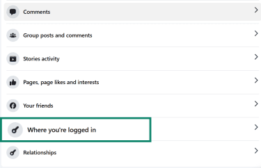 Activity log menu showing various categories, with the 'Where you're logged in' option highlighted.