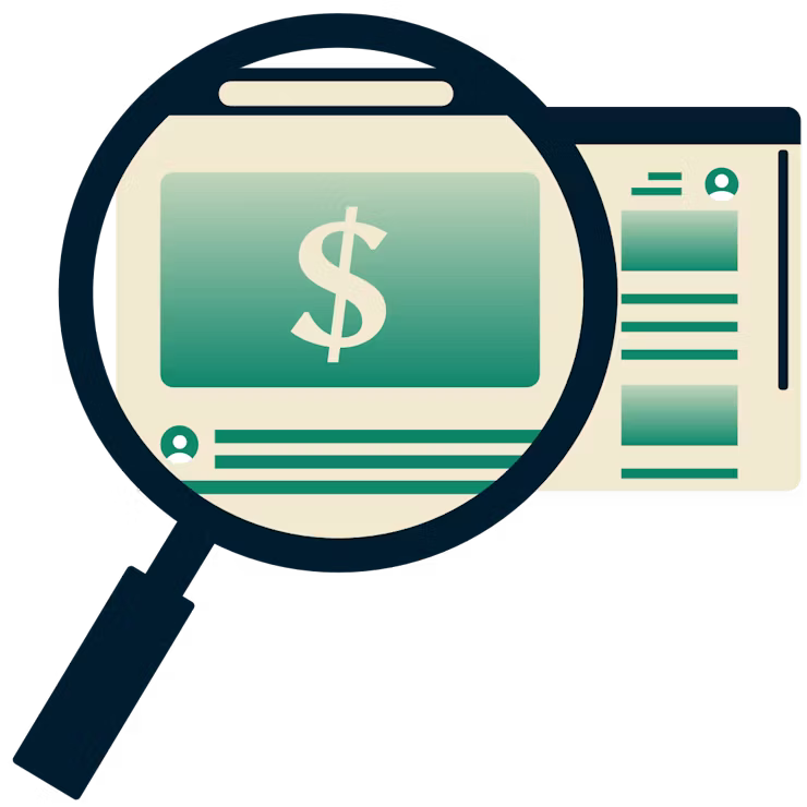 ブラウザ画面でオンラインのお得情報にハイライトを当てている虫眼鏡。