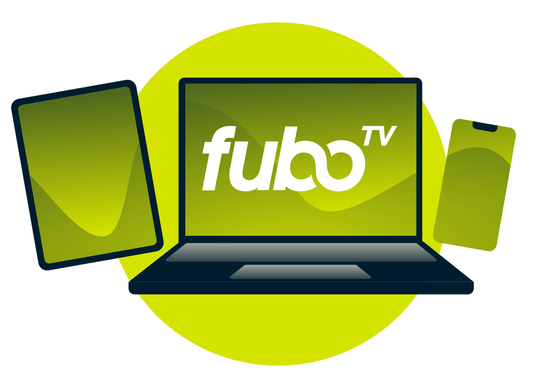 En bærbar computer, tablet og telefon med fuboTV-logoet.