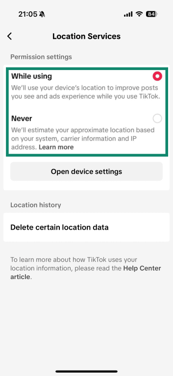 Set Locational Services to Never to prevent TikTok from reading your GPS location.
