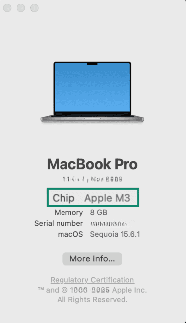 MacBook Pro “About This Mac” screen showing Apple M3 chip, 8 GB memory, macOS Sequoia 15.6.1