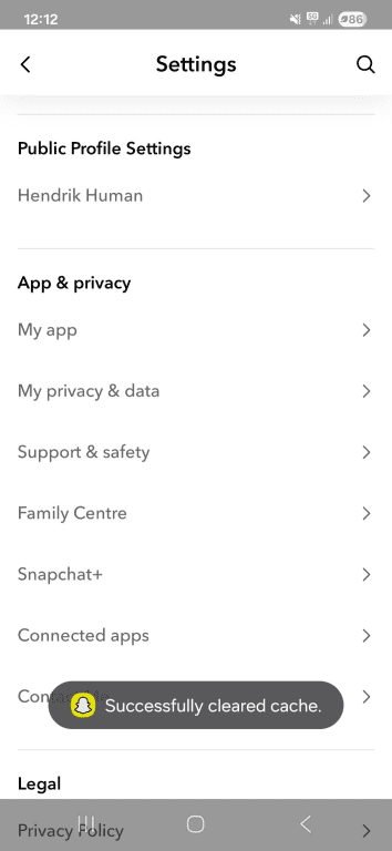 Snapchat app Successfully cleared cache message over the My privacy & data settings on Android.