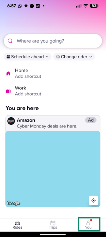 Lyft Android app showing Profile button on the bottom-right corner.