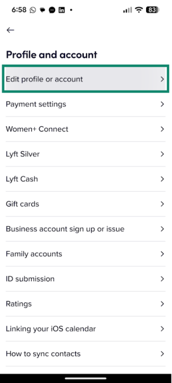 Edit profile or account option in the Lyft app.