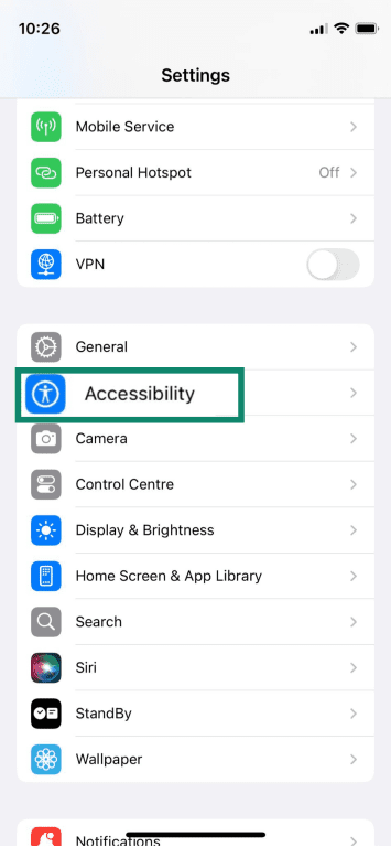 The iOS settings page, with Accessibility options highlighted.