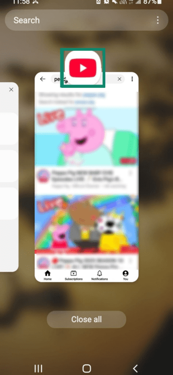 The Recents panel, showing the open YouTube app.