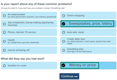 Reporting a scam on FTC's Report a Fraud form.