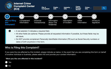 Submitting a complaint on the FBI Internet Crime Complaint Center.