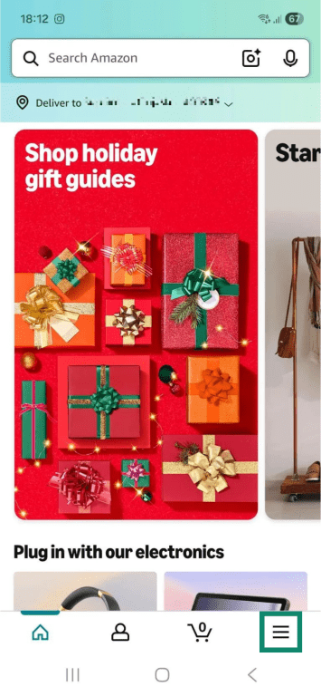 Amazon Shopping Android app home screen. The three-dot menu icon in the bottom right is highlighted.