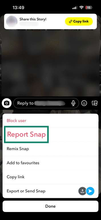 Snapchat story options panel showing “Report Snap” highlighted, alongside block, remix, and copy link options.