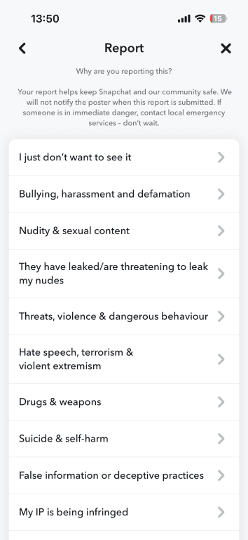 Snapchat report reasons list including bullying, nudity, threats, hate speech, drugs, and self-harm.