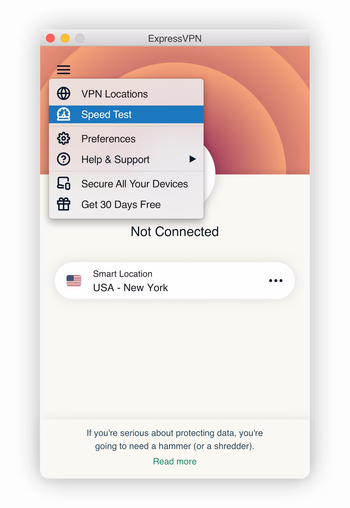 Selecção do teste de velocidade na interface ExpressVPN.