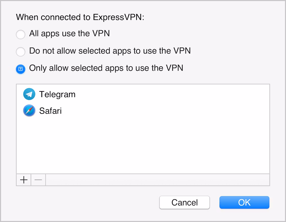 Interfejs aplikacji ExpressVPN dla Maca, pokazujący, że tylko wybrane aplikacje są chronione przez VPN.