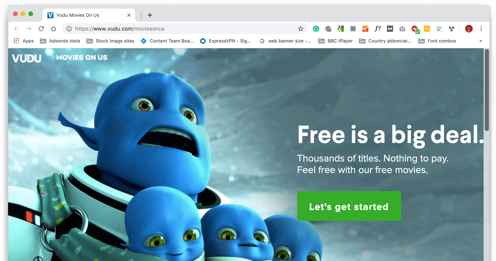 Zrzut ekranu strony internetowej Vudu z Movies On Us.