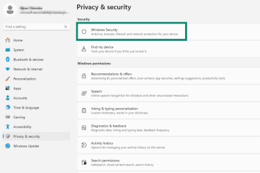 Find Windows Privacy & security settings to manage firewall, antivirus, and network protection.